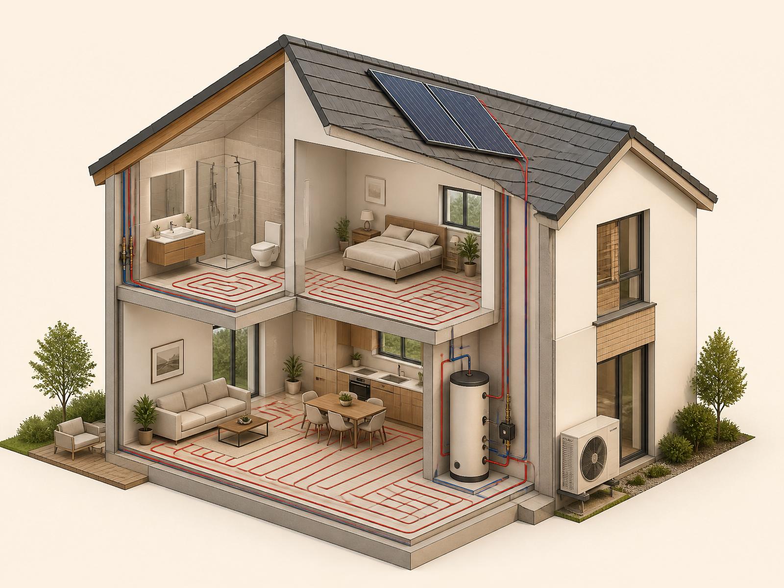 Isometrische Querschnitts-Ansicht eines Einfamilienhauses mit Wärmepumpe an der Außenwand, Fußbodenheizung in beiden Etagen, Sanitäranlagen im Bad und Solarthermie-Kollektor auf dem Dach mit Pufferspeicher.